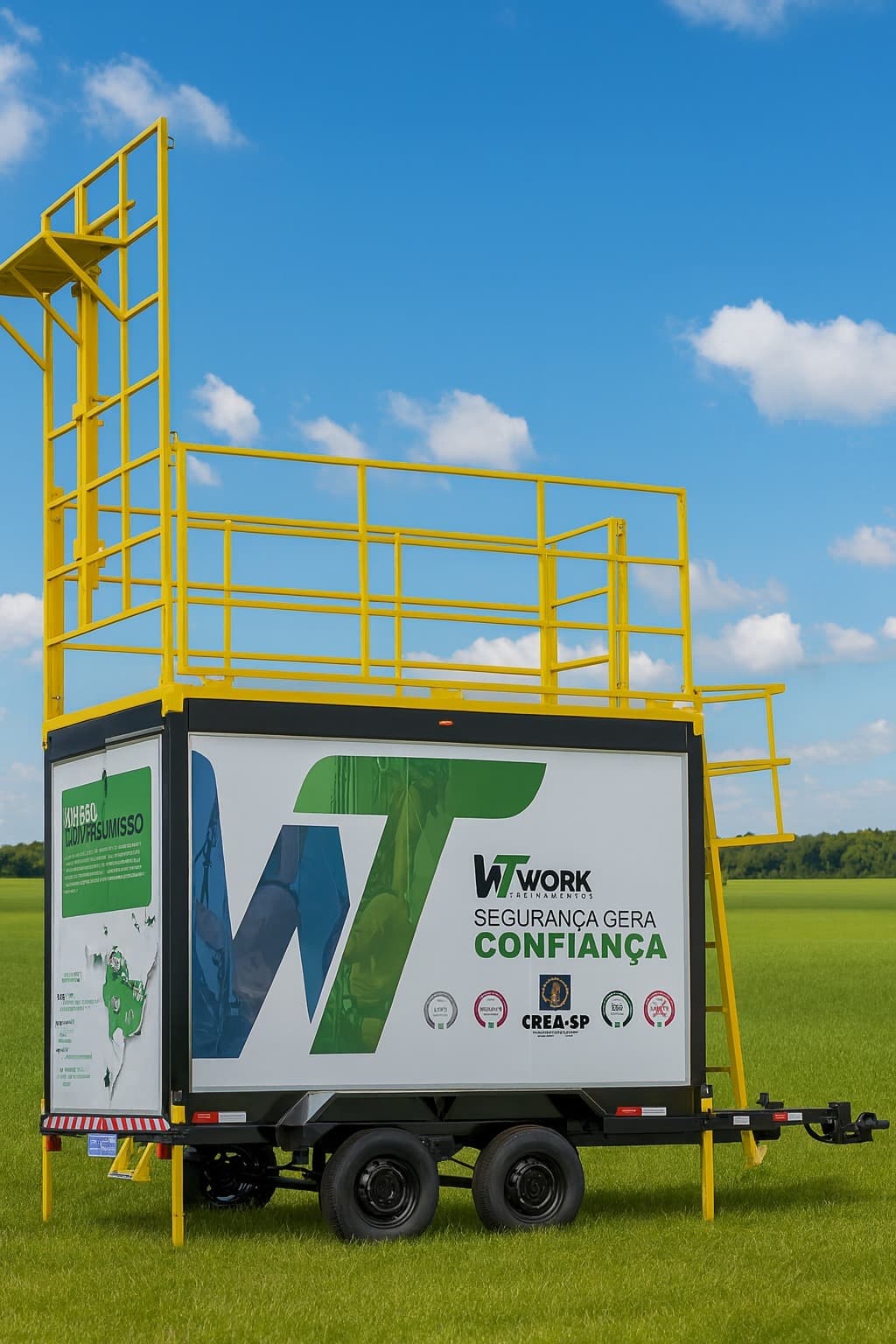 Unidade móvel da Work Treinamentos: carreta com plataforma de trabalho em altura e escada de acesso