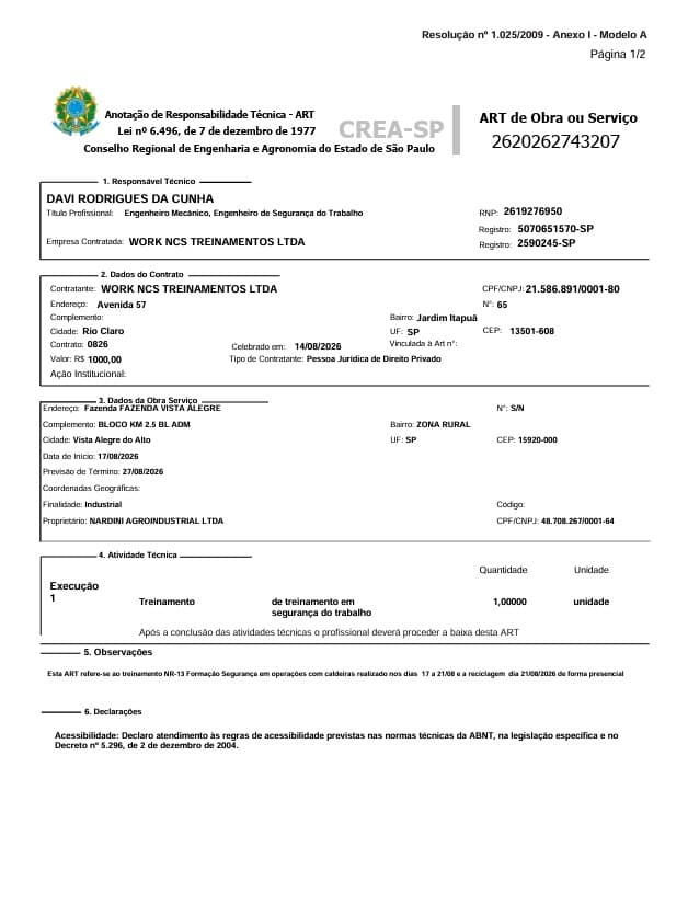 Anotação de Responsabilidade Técnica (ART) de obra ou serviço