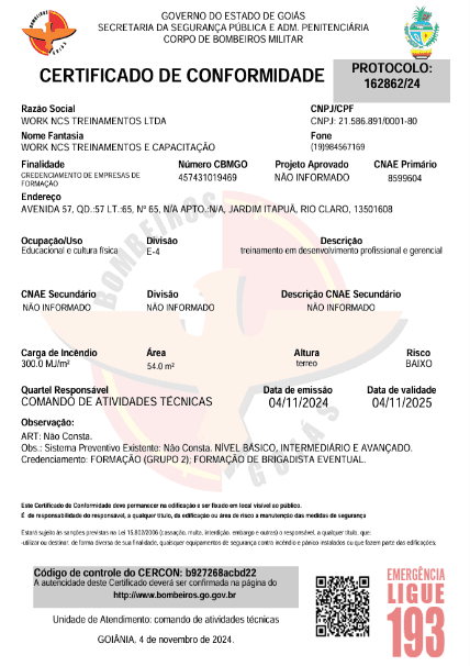 Certificado de Conformidade do Corpo de Bombeiros de Goiás