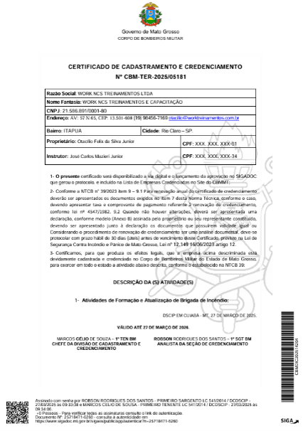 Certificado de Cadastramento e Credenciamento do Corpo de Bombeiros de Mato Grosso