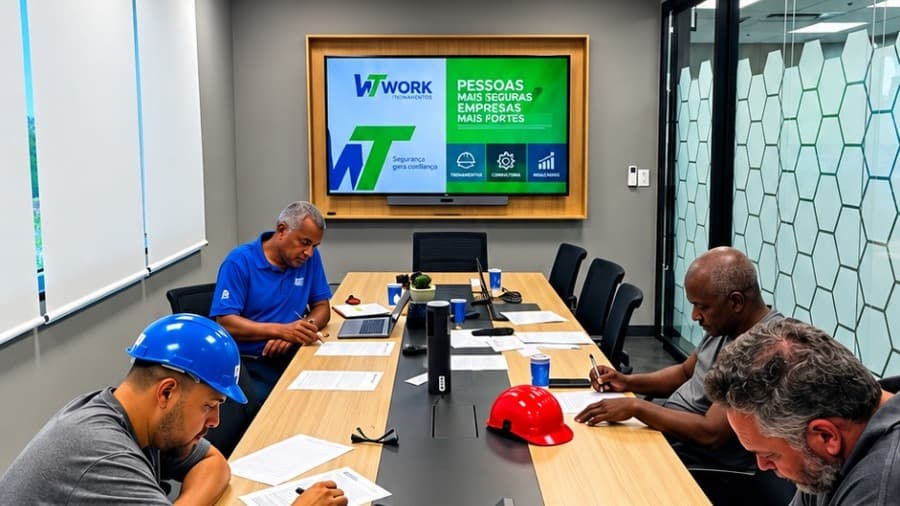 Turma em sala com o conteúdo da Work Treinamentos na tela