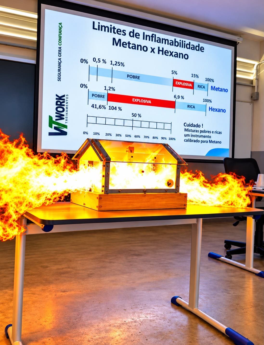 Modelo em chamas demonstrando limites de inflamabilidade de gases durante treinamento